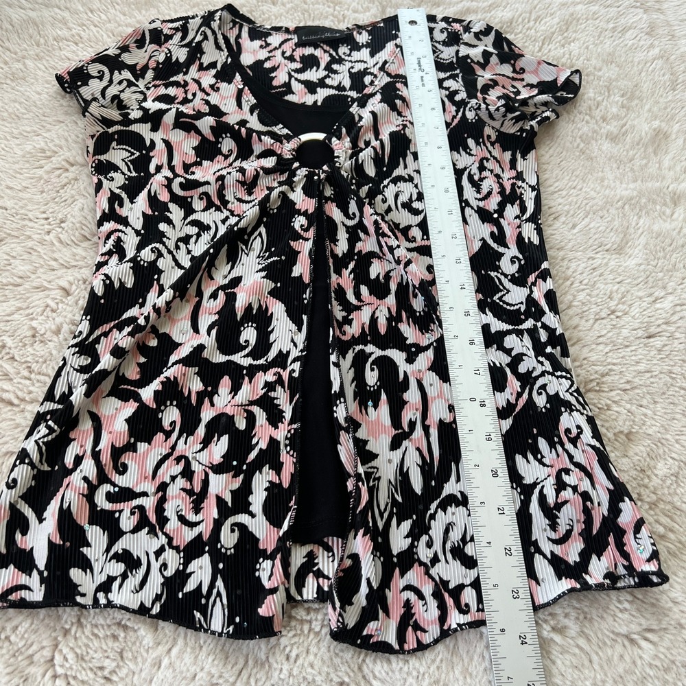 Y2K Coquette Twee Black Floral Top‎ D-ring Cap Sleeve Sleeve Black Pink Layered - Picture 6 of 7